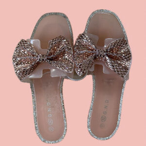 Glitter Jelly Sandals – Pink Bow, Rhinestone Trim, Size 10